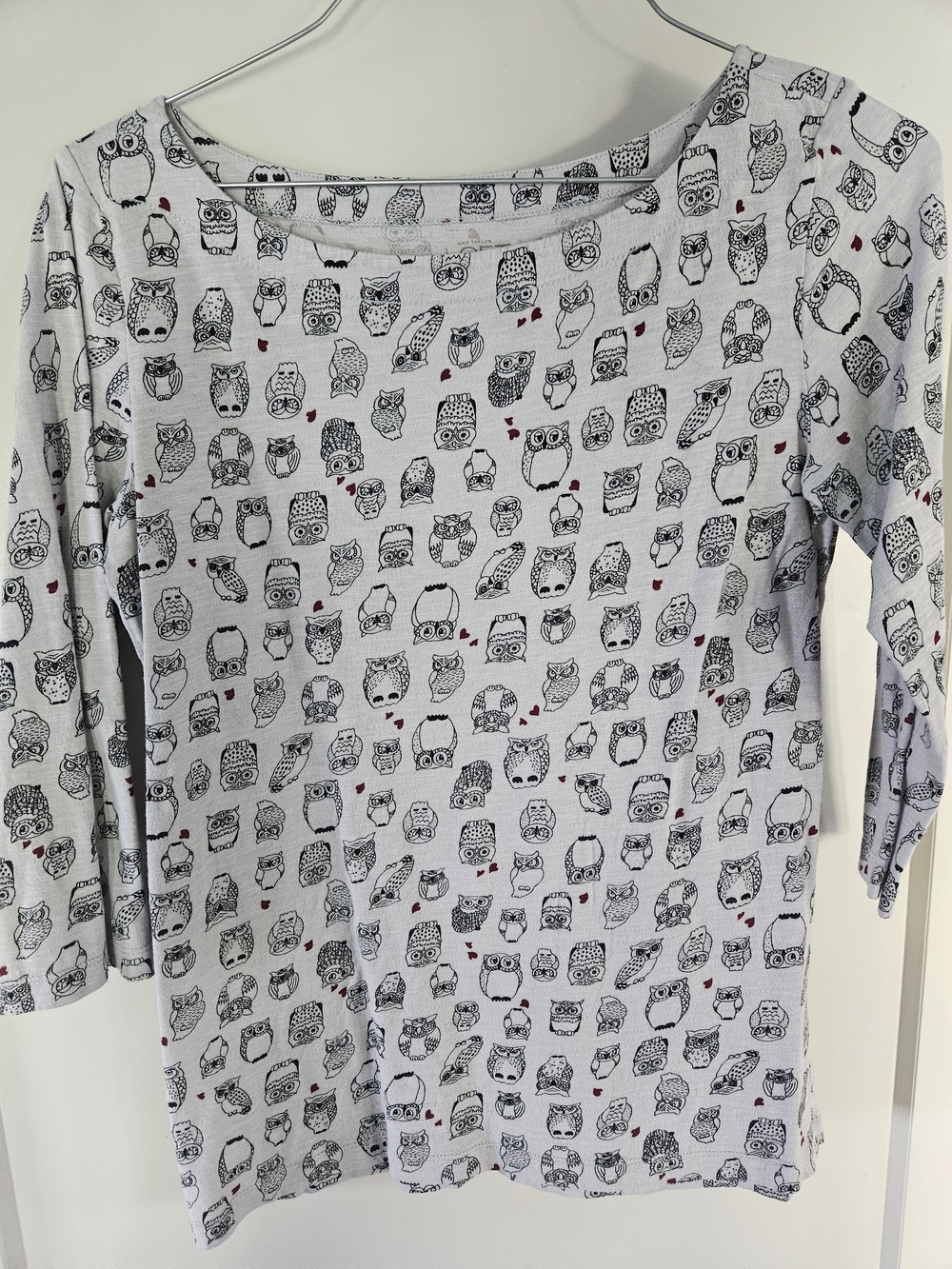 LOFT Owl Print Top White Gray 3/4 Sleeve Casual Cute Tee